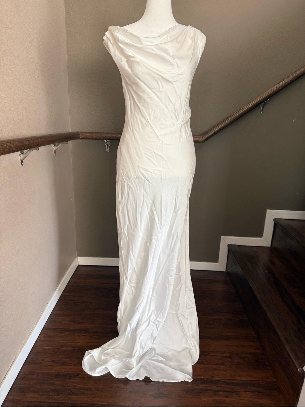 Cowl-Neck White Maxi Dress with Draped Back